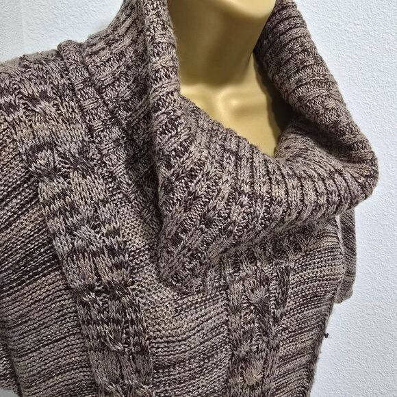 Brown Belted Cable Knit Funnel Cowl Neck Sweater Dress Womens Sz LP Short Sleeve - Picture 2 of 9